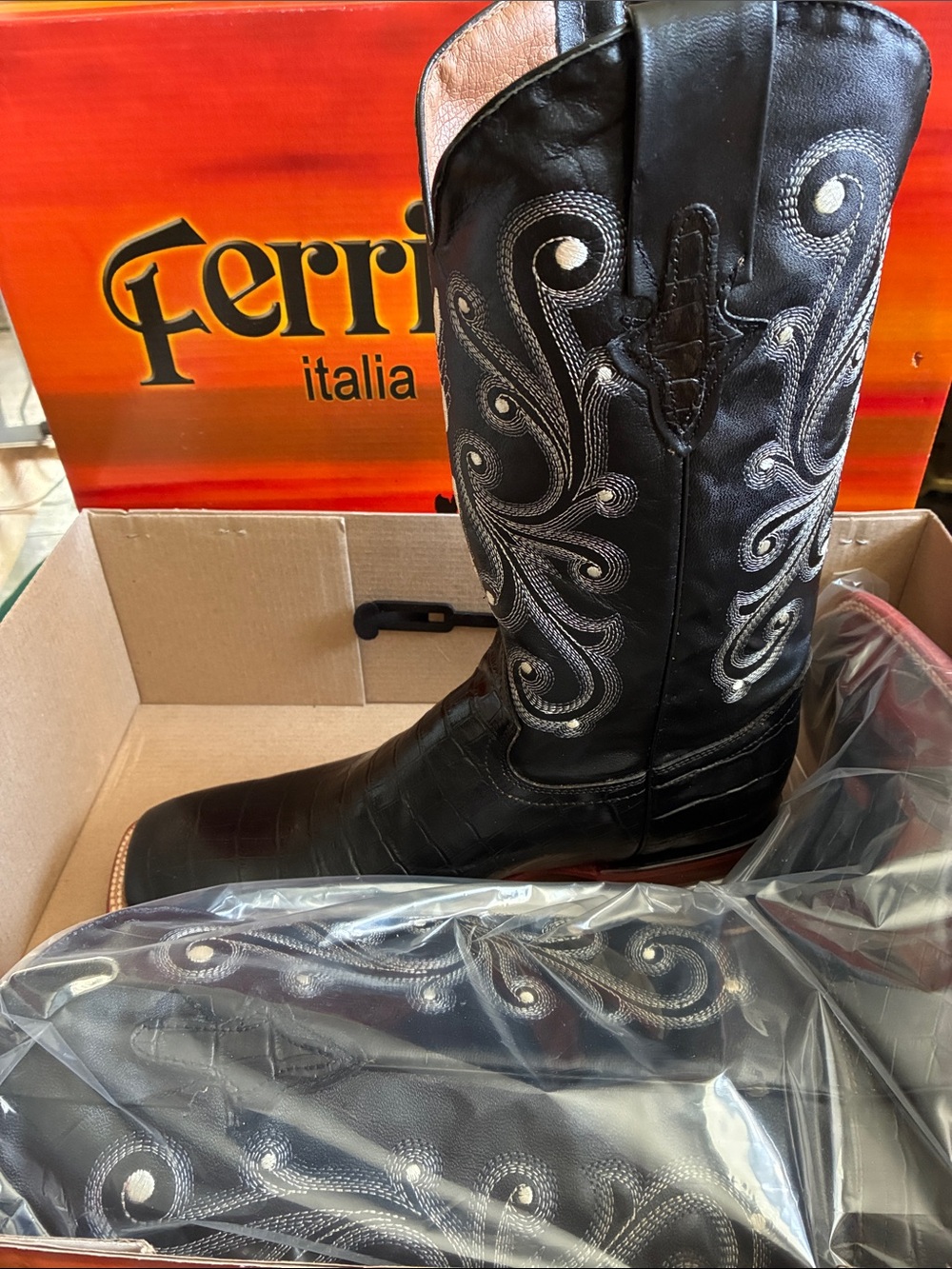Ferrini Black Western Embroidered Leather Boots